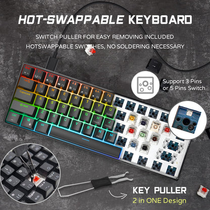 RK ROYAL KLUDGE RK61 Wired 60% Mechanical Gaming Keyboard, Hot-Swappable Blue Switch, RGB Backlit, Compact, Black