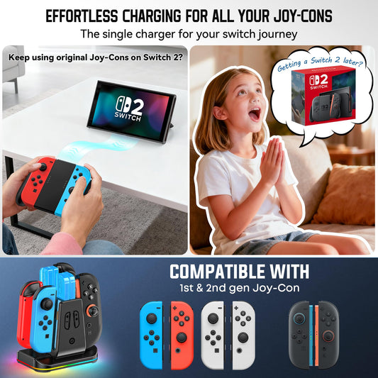 Rysker Switch 2-in-1 Controller Charger Dock, Fast Charging Station with 9 RGB Modes for Nintendo Switch/OLED/Original Joycons, Black