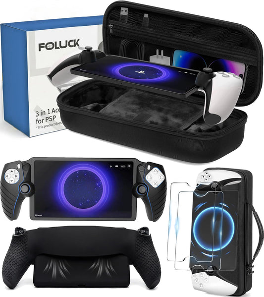 Foluck 3 in 1 Carrying Case for PlayStation Portal Remote Player  EVA Hard Case for PS5 Portal with Soft Silicone Protective Cover Skin Case  2 Screen Protector  PS5 Portal Console Accessoris Bundle