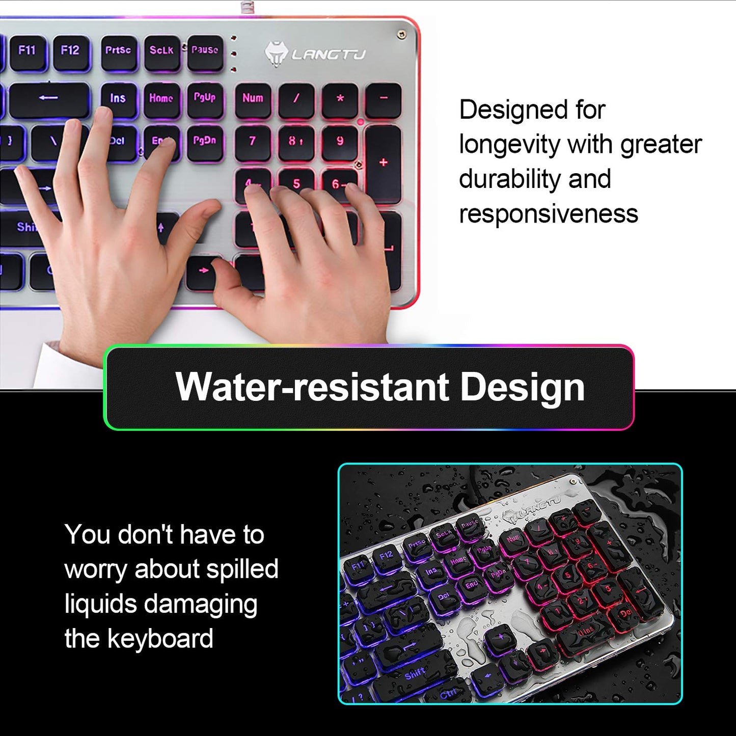 LANGTU Membrane Gaming Keyboard, 104 Keys Anti-Ghosting, LED Backlit, Black/Silver, 43.7*13.33*3.5cm, Model B07QW