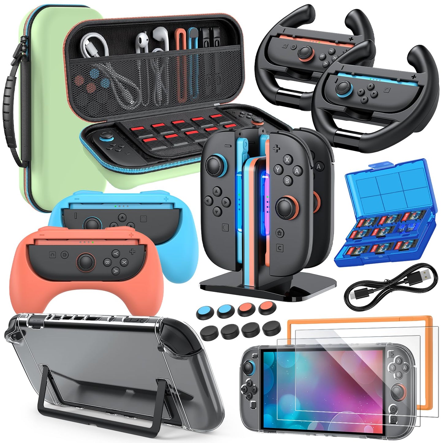 Switch 2 Accessories  Bundle Case for Nintendo Switch 2 (2025)  MENEEA 20-IN-1 Kits: Carrying Case  Controller Charger Dock  Grips for Joy Con Steering Wheels for Mario Kart Protective Cover for Controller Console for Switch 2 (Green)
