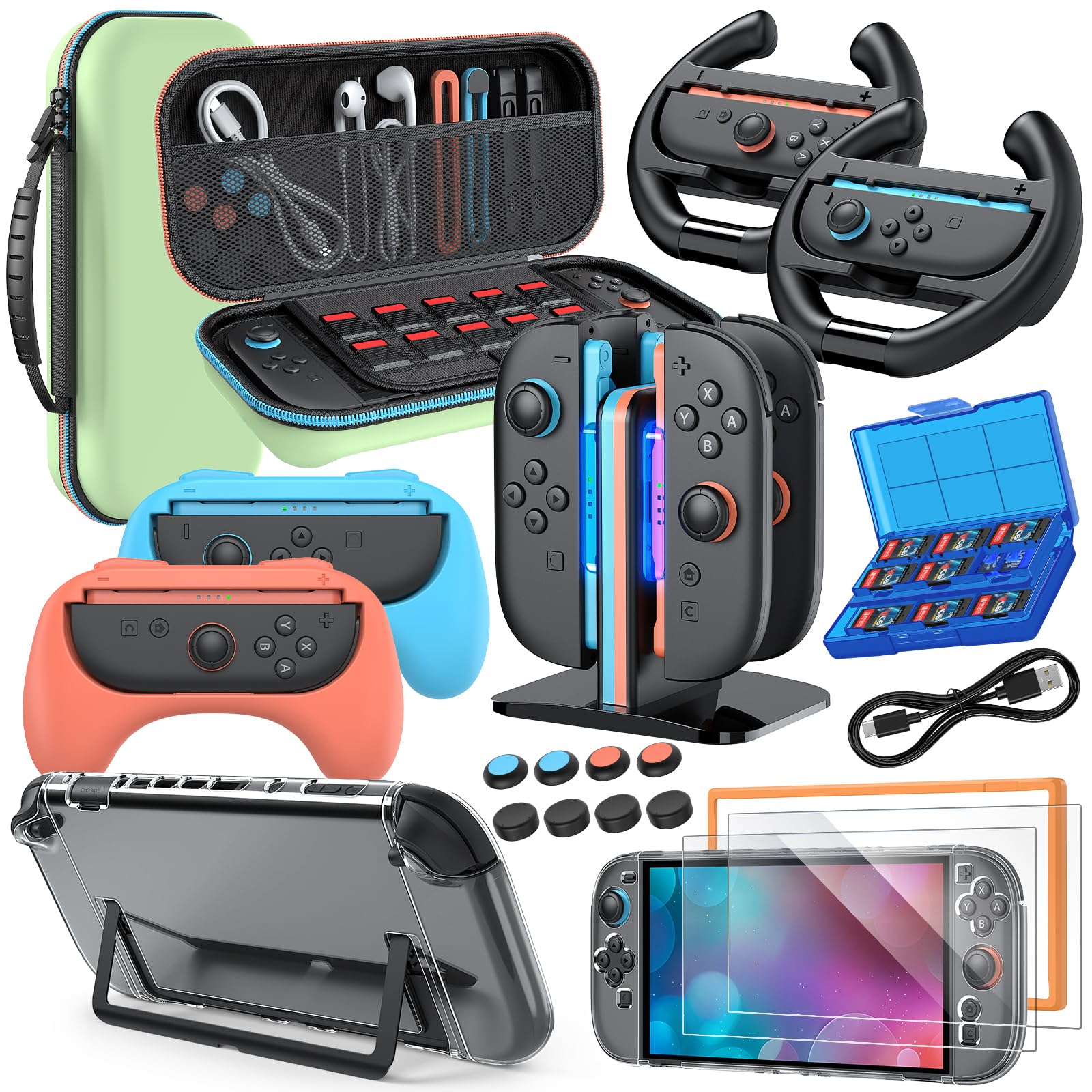 Switch 2 Accessories  Bundle Case for Nintendo Switch 2 (2025)  MENEEA 20-IN-1 Kits: Carrying Case  Controller Charger Dock  Grips for Joy Con Steering Wheels for Mario Kart Protective Cover for Controller Console for Switch 2 (Green)