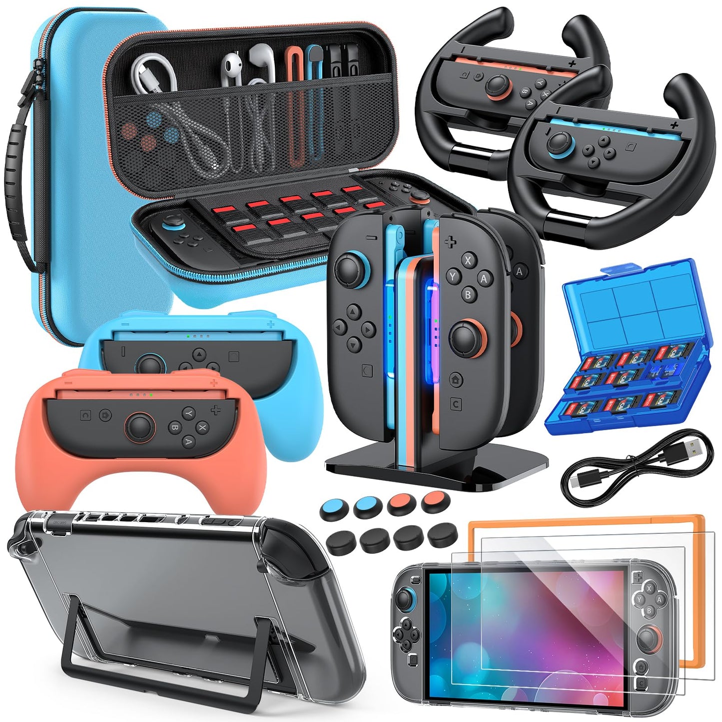 Switch 2 Accessories  Bundle Case for Nintendo Switch 2 (2025)  MENEEA 20-IN-1 Kits: Carrying Case  Controller Charger Dock  Grips for Joy Con Steering Wheels for Mario Kart Protective Cover for Controller Console for Switch 2 (Blue)