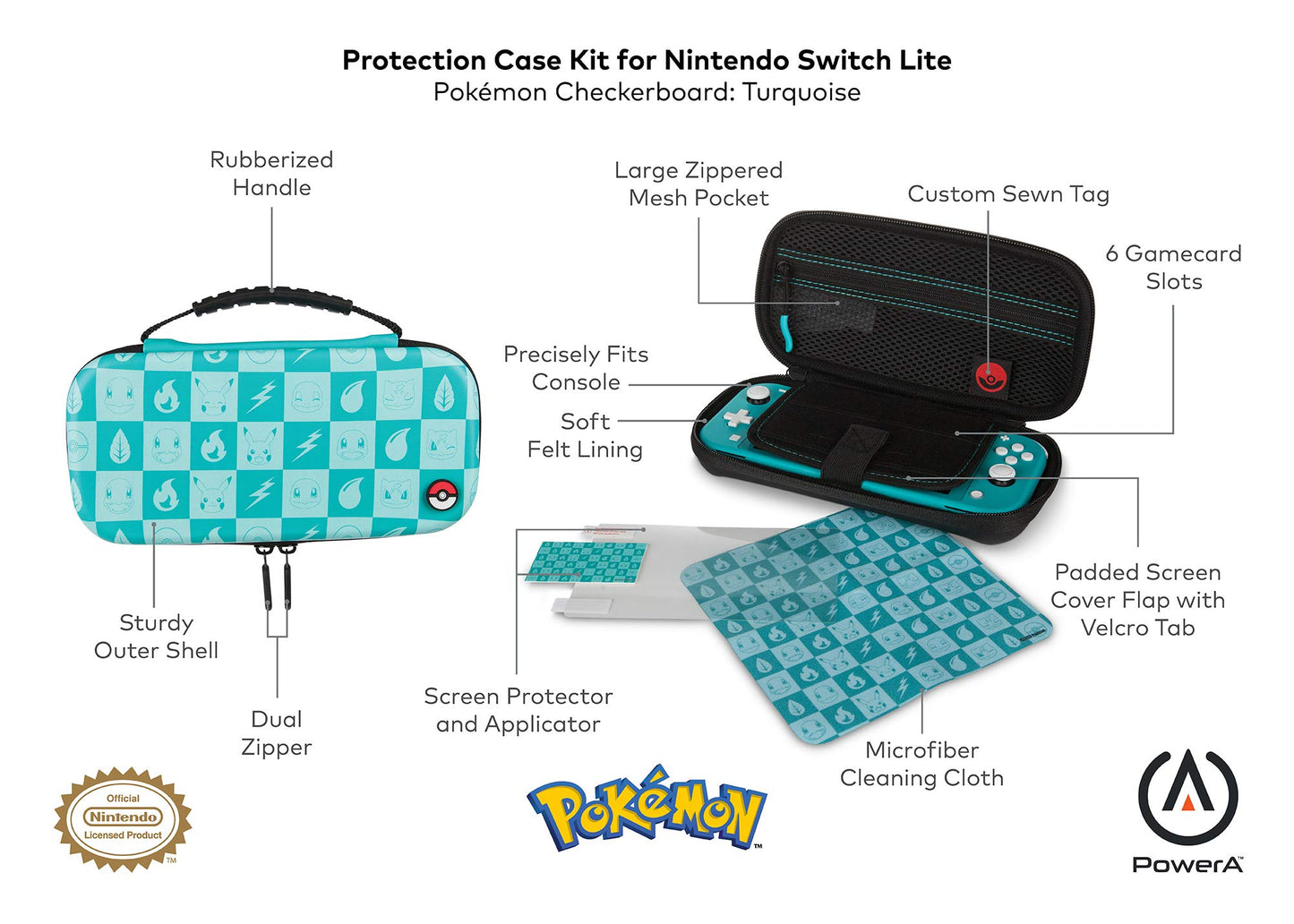 PowerA Protection Case Kit for Nintendo Switch Lite - Pokémon Checkerboard, Turquoise