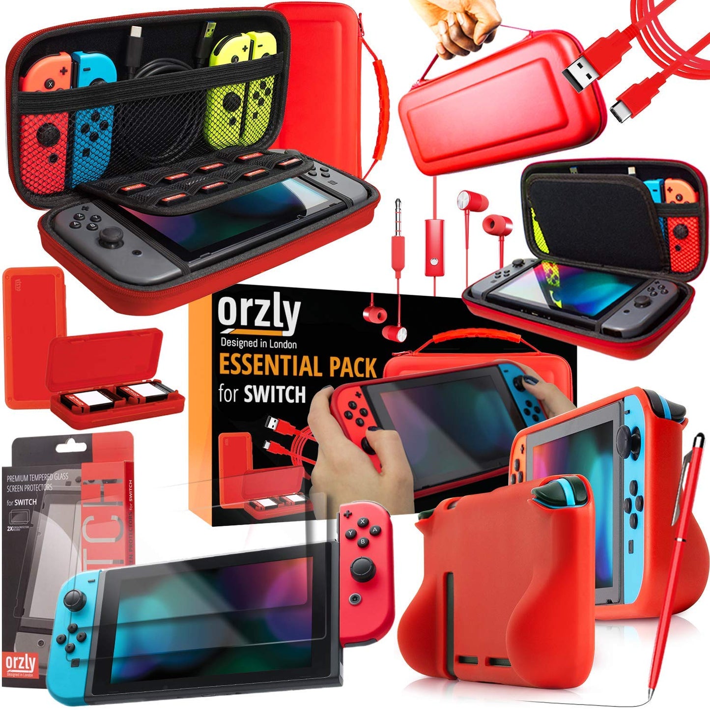 Orzly Switch Accessories Bundle - Carry Case for Nintendo Switch Console (NOT OLED MODEL) Tempered Glass Screen Protectors  USB Charging Cable  Switch Games Case  Comfort Grip Case & Headphones - RED