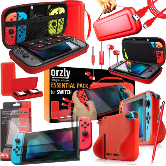 Orzly Switch Accessories Bundle - Carry Case for Nintendo Switch Console (NOT OLED MODEL) Tempered Glass Screen Protectors  USB Charging Cable  Switch Games Case  Comfort Grip Case & Headphones - RED