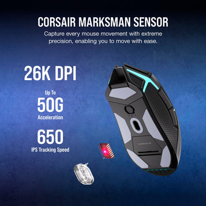 Corsair NIGHTSABRE RGB Wireless Gaming Mouse - 26,000 DPI, 11 Programmable Buttons, Black, Model CH-931B011-NA