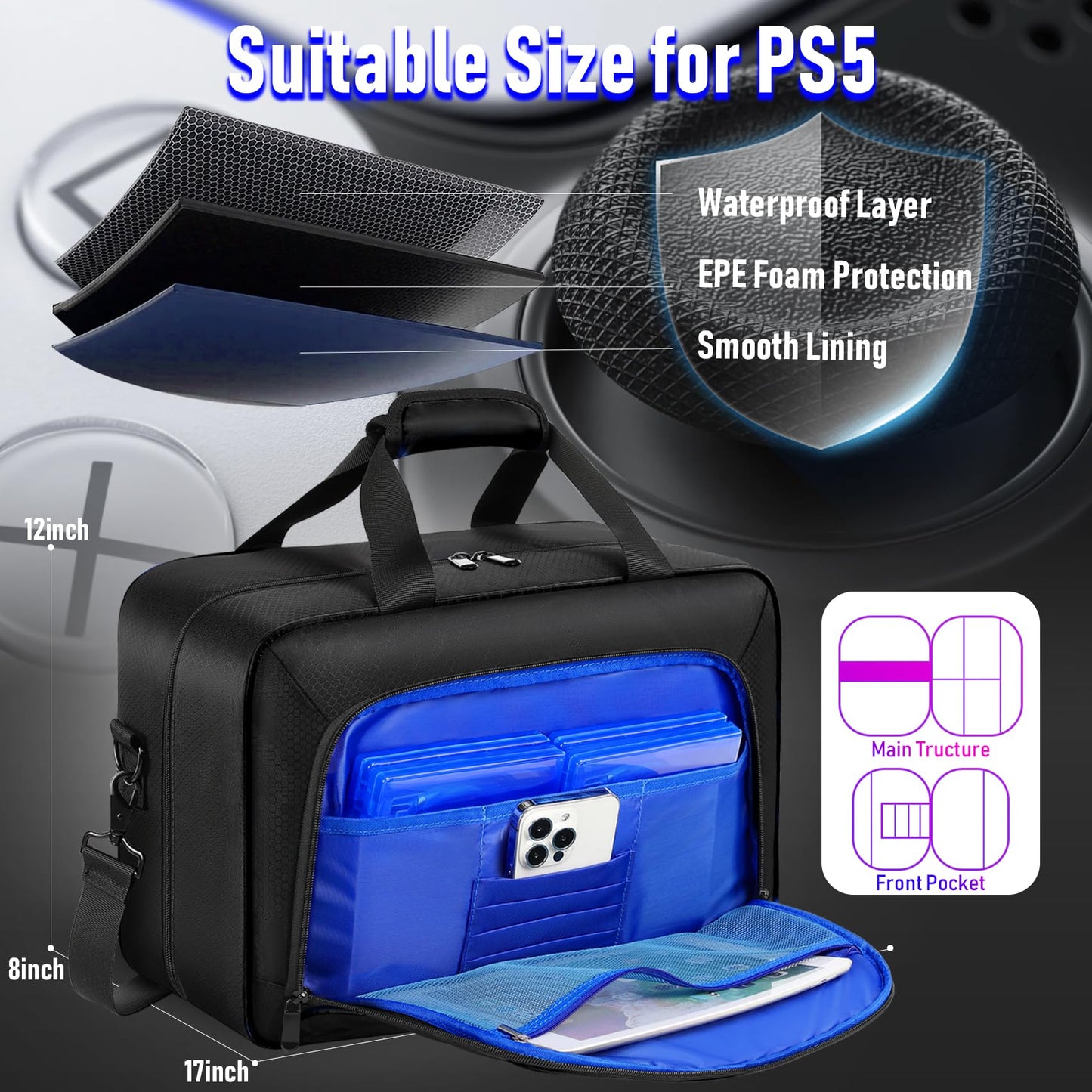 COMECOI PS5 Carrying Case - Large Dark Black Travel Storage Bag for Console, Controllers & Accessories, Model HX0001