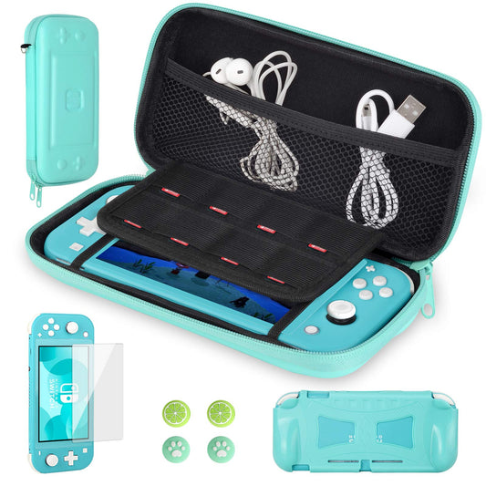 CoBak Carrying Case for Nintendo Switch Lite - with 1 Screen Protector  1 Grip Case and 4 Thumb Grip Caps  Ultra Slim fine EVA Tpartyl Pouch Protective Cover  8 Game refill units  Green