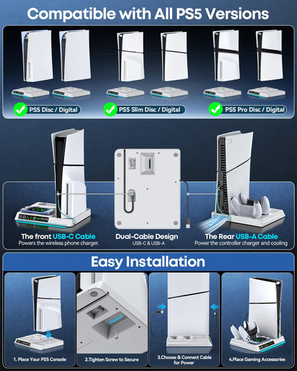 OIVO PS5 Cooling Station & Controller Charger, Vertical Stand for Disc & Digital Console, Black, Model P5442