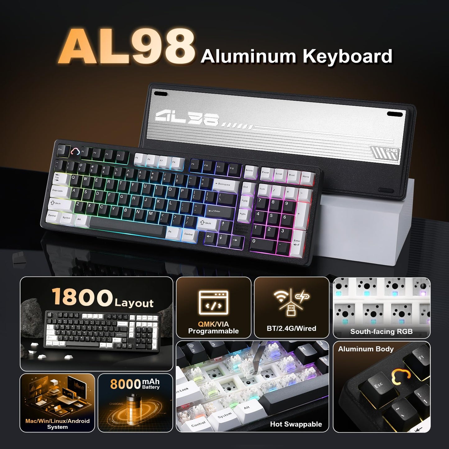 YUNZII AL98 Wireless Mechanical Gaming Keyboard, RGB Backlit, 1800 Layout, Black, Milk Switch, Gasket Mount, Hot Swappable