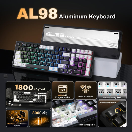 YUNZII AL98 Wireless Mechanical Gaming Keyboard, RGB Backlit, 1800 Layout, Black, Milk Switch, Gasket Mount, Hot Swappable