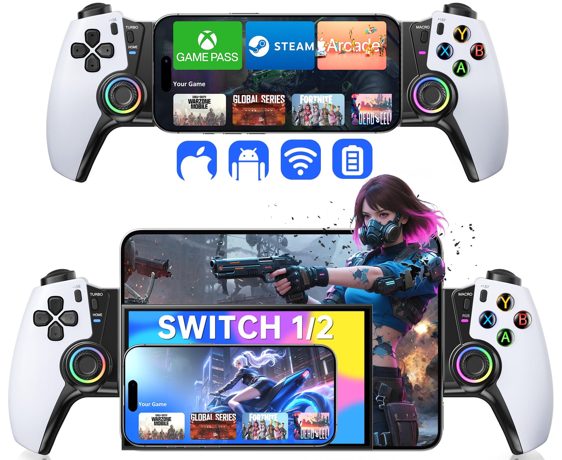 Mobile Gaming Controller for iPhone 15/16 Series/Android/Switch 2/Switch/OLED/iPad Mini  Wireless Phone Controller with Hall Joysticks/Hall Triggers/LED  Support Xbox Cloud  Steam Link  Call of Duty