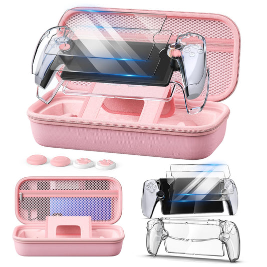 Auarte 12 in 1 Accessories Set for PlayStation Portal Remote Player  Hard Carrying Case for PS Portal with Clear Skin Case for PS5 Portal  2 Screen Protector with 4 Thumb Grip  Princess Pink