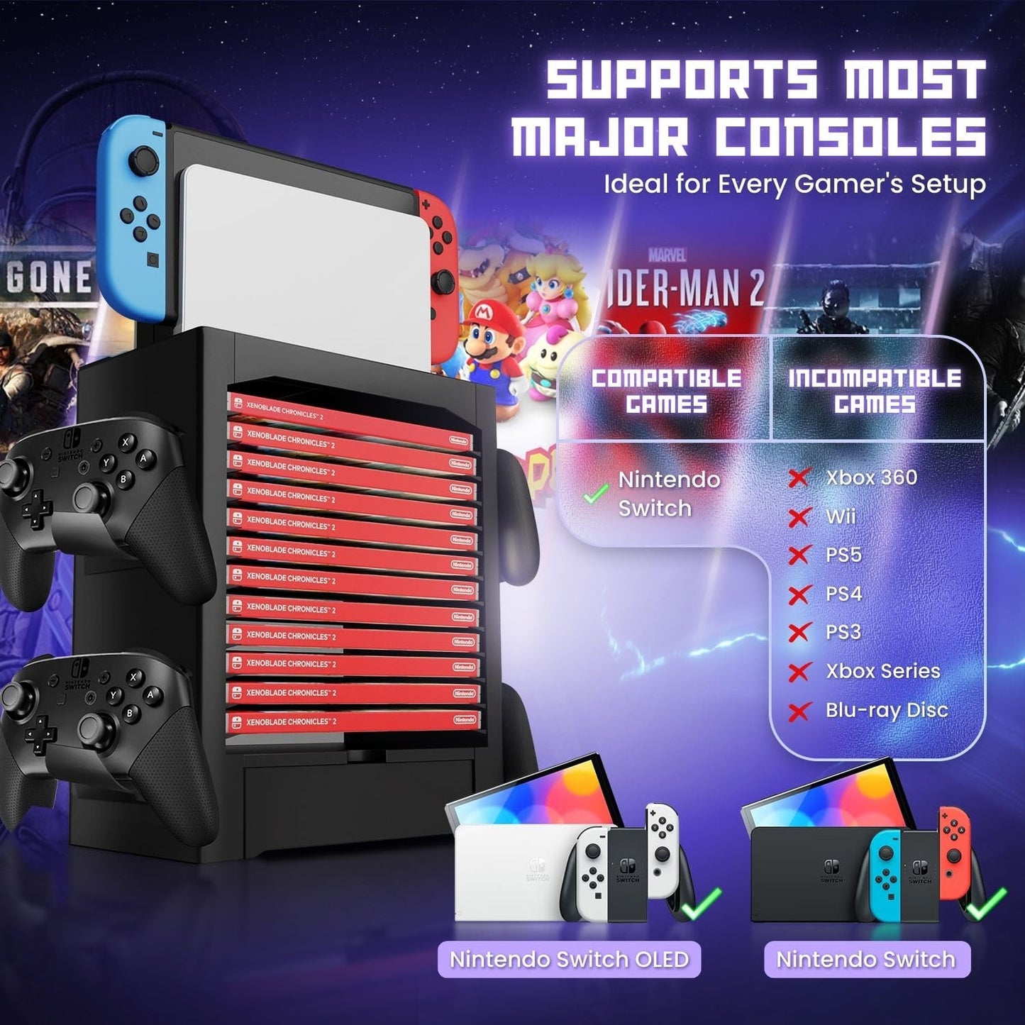 TNP Products Nintendo Switch Storage Tower - Game Organizer with 10 Cases, 4 Controller Racks, Joy-con Drawer - Black, Model NDSWT_STRG_TWR_10T