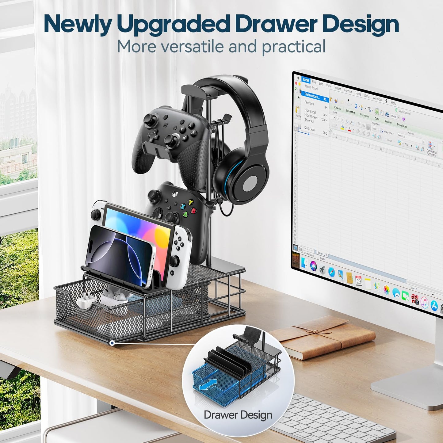 KDD Headphone Stand with Drawer - Aluminum Earphone Holder, Cable Organizer, Black
