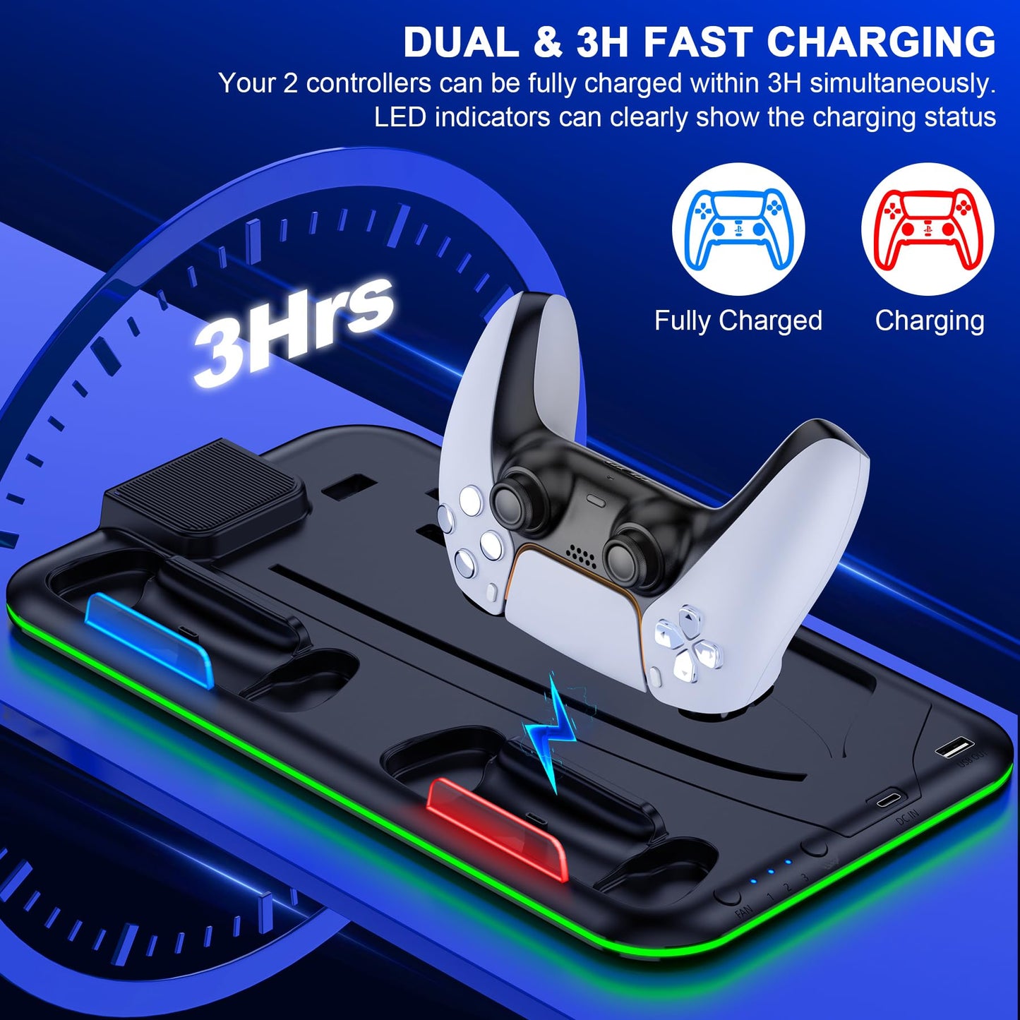 EXTREMECOOL PS5 Slim Stand & Turbo Cooling Station with RGB Light, 3 Levels Fan, Game Storage & Headset Holder, Fit PS5 Slim/Black