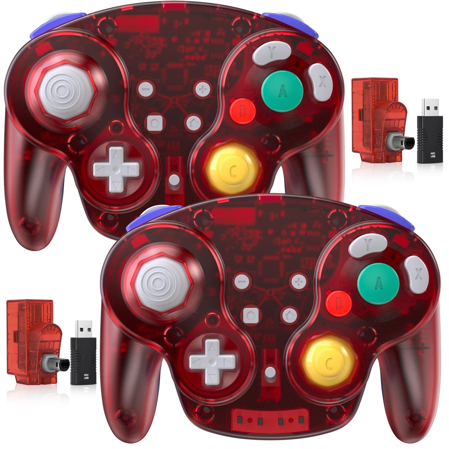 2 Pack 2.4 GHz Wireless GameCube Switch2 Pro Controller  for NGC GameCube Console  Switch/Switch OLED/ Switch2  PC  Steam Deck  PC (Built-in Rumble) (Rechargeable) (Plug and Play) Clear Red