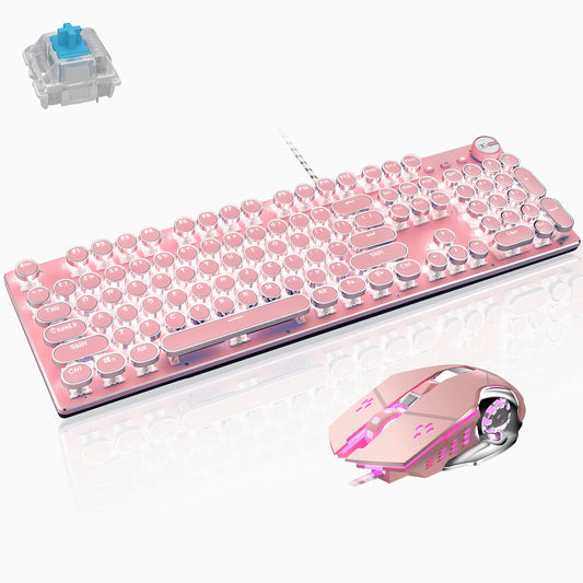 Basaltech Mechanical Gaming Keyboard and Mouse Combo  Retro Steampunk Vintage Typewriter-Style Keyboard with LED Backlit  104-Key Anti-Ghosting Blue Switch Wired USB Metal Panel Round Keycaps  Pink
