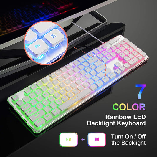 LANGTU L1 UK Membrane Gaming Keyboard, Rainbow LED Backlit, 104 Keys, Anti-Ghosting, USB Wired, White/Silver, 17.7x5x1.2 in