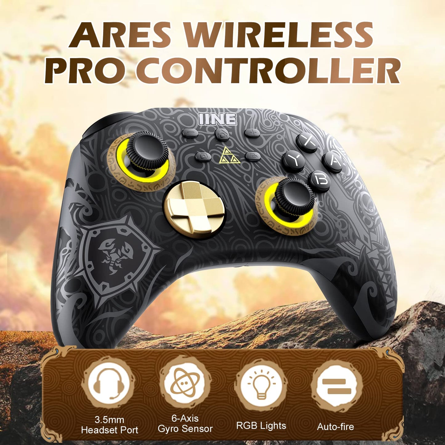 IINE Wireless Switch Pro Controller for Nintendo Switch, Lite & OLED - Black/Gold, RGB Light, Turbo, Adjustable Vibration, Headset Jack