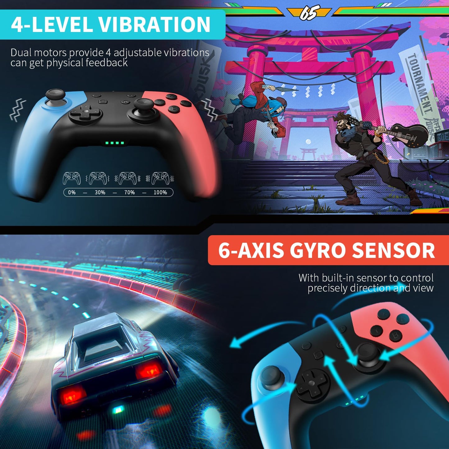 AceGamer Wireless Controller for Nintendo Switch/Switch 2/Lite/OLED - Red-Blue, Hall Effect Joystick, Turbo, Vibration, Programmable Buttons