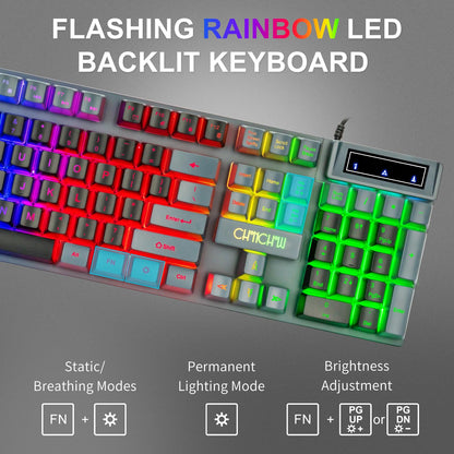 CHONCHOW Gaming Keyboard and Mouse Combo, RGB LED Backlit, USB Wired, 3200 DPI, Mechanical Feel, Grey-Black