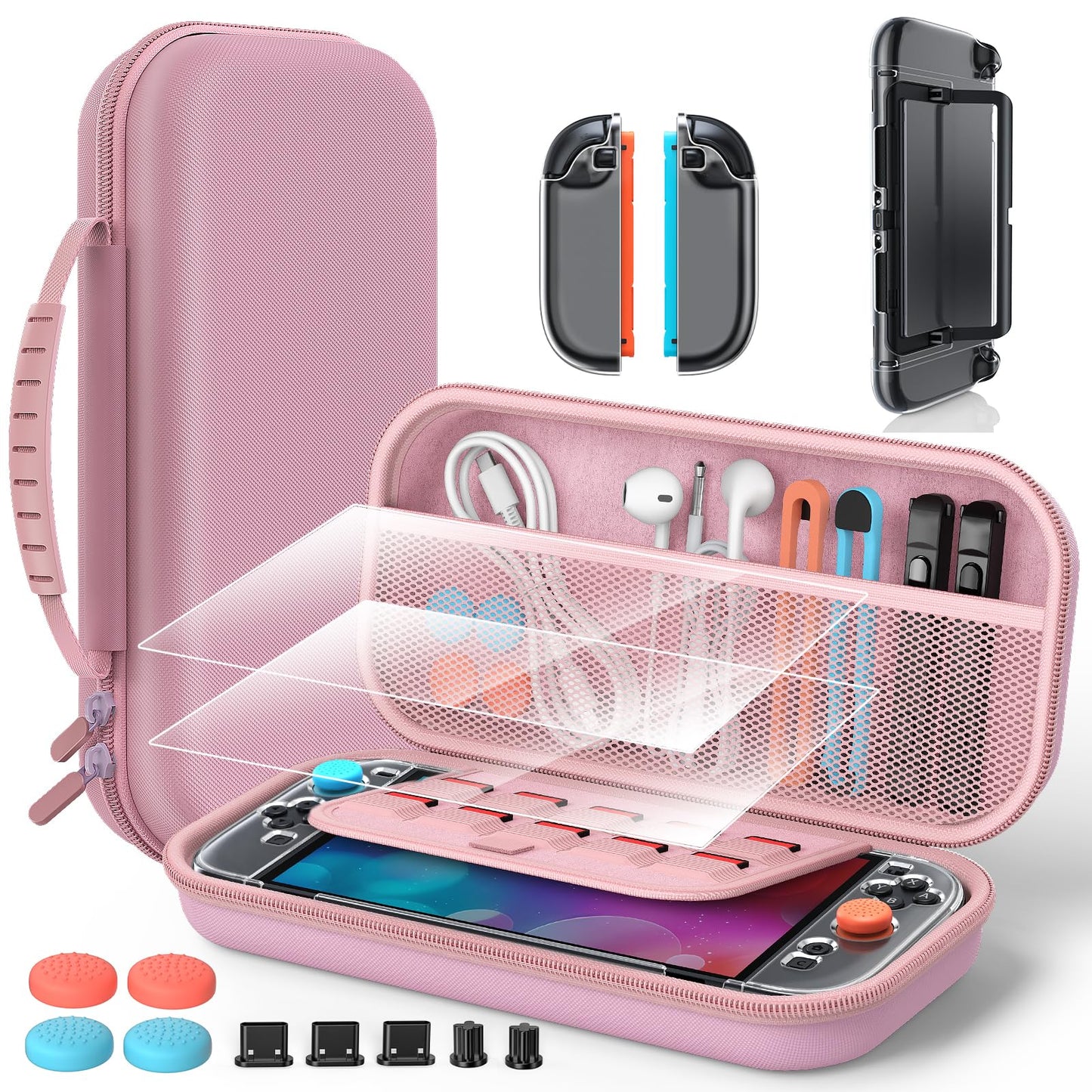 Accessories for Nintendo Switch 2 2025  Portable Hard Shell Carrying Case with 2 HD Screen Protectors (7.9 Inch)  TPU Protective Skin  Dust Plugs Kit  4 Thumb Grips - Switch 2 Accessories Bundle (Switch 2 Pink)