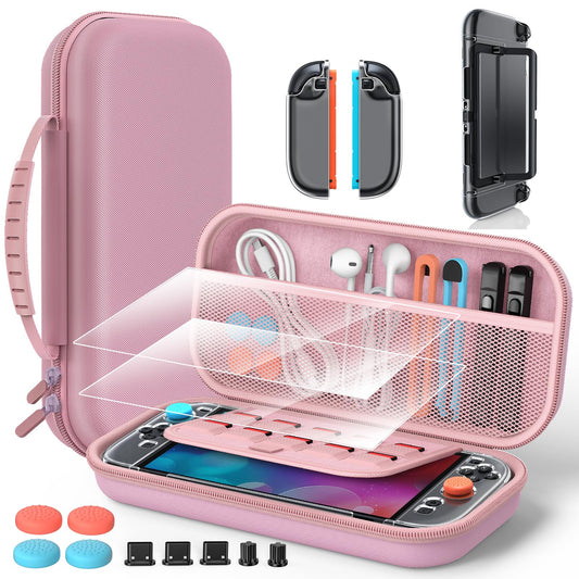 Accessories for Nintendo Switch 2 2025  Portable Hard Shell Carrying Case with 2 HD Screen Protectors (7.9 Inch)  TPU Protective Skin  Dust Plugs Kit  4 Thumb Grips - Switch 2 Accessories Bundle (Switch 2 Pink)