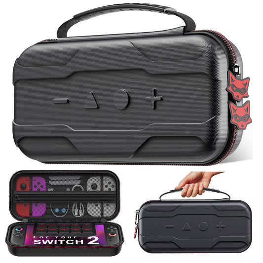 AXYBCOOL Switch 2 Case Compatible with Nintendo Switch 2(2025)/Switch/Switch OLED  Portable Hard Shell Switch 2 Travel Case for Accessories and Games with Cute Fox Shaped Zippers-Black