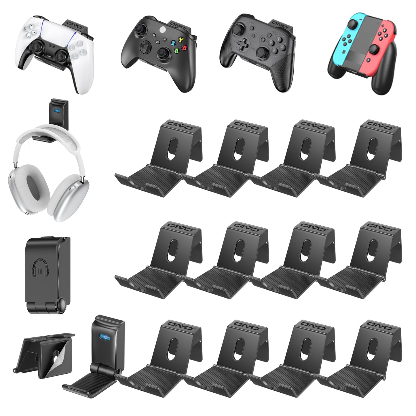 OIVO Controller & Headset Wall Mount Holder - Foldable 13 Pack Gaming Organizer, Universal Storage for Controllers & Earphones