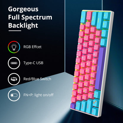 Fogruaden 60% Mechanical Keyboard, 61 Keys RGB Backlit, Pink, Wired for Win/Mac PC Gamer, Ultra-Compact, Red Switch