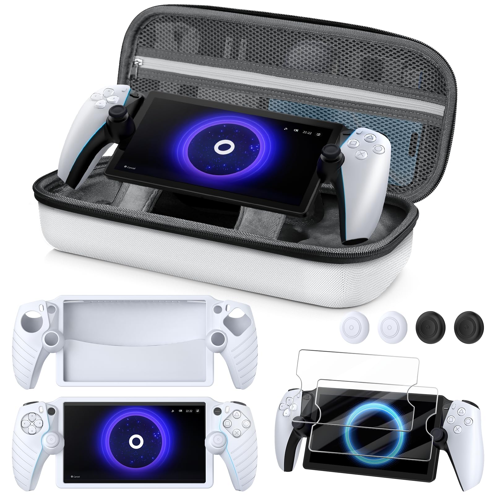KINWIN 10 in 1 Accessories Bundle Compatible with PlayStation Portal  White EVA Carrying Case with Silicone Protective Cover  2 Pack Screen Protectors and 4 Thumb Grips for PS5 Portal Console