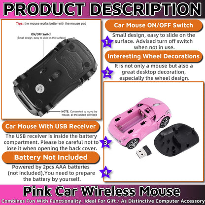 HuGuWdy Pink Wireless Car Mouse - 2.4G USB Receiver, Optical Mouse for PC/Laptop/Tablet, Compatible with Win & Mac, Stylish Pink Design