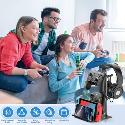 KDD Headphone Stand & Controller Holder, Black-New, Aluminum Support, Model KDD-713, Universal Organizer for Headphones & Mobile Devices