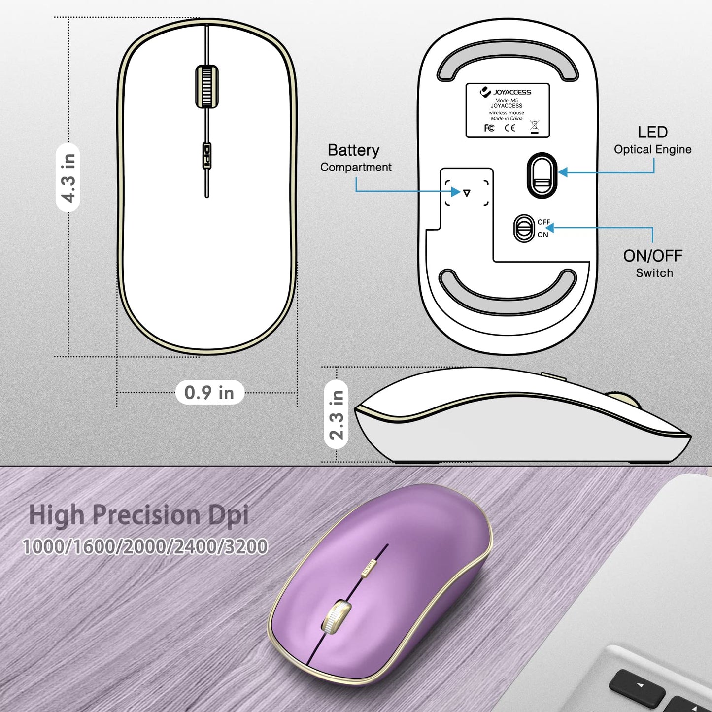 JOYACCESS Wireless Mouse - Ergonomic 2.4G Optical with 5 DPI Levels, Portable Design, Purple (Model: XRF-M1B-PL)
