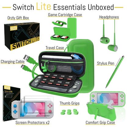 Orzly Nintendo Switch Lite Accessories Bundle - Case, Screen Protector, USB Cable, Games Holder, Green, Model 9ORZPACK