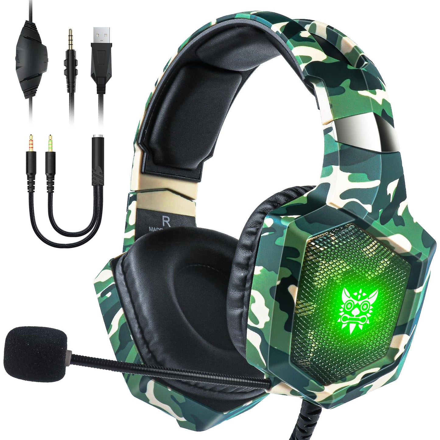 Gaming Headset with Microphone  Gaming Headphones for PS4 PS5 Xbox One PC with LED Lights  PlayStation Headset with Noise Reduction 7.1 Surround Sound Over-Ear and Wired 3.5mm Jack (Green)