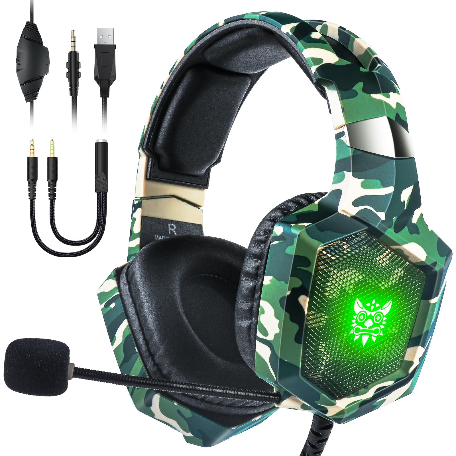 Gaming Headset with Microphone  Gaming Headphones for PS4 PS5 Xbox One PC with LED Lights  PlayStation Headset with Noise Reduction 7.1 Surround Sound Over-Ear and Wired 3.5mm Jack (Green)