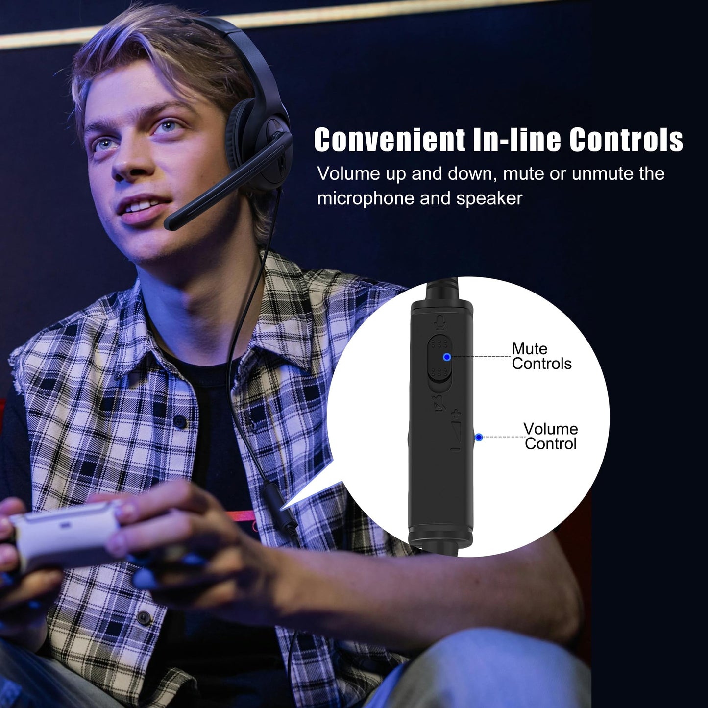 Koiiko Wired One Ear Headset with Mic - 3.5mm/Type-C/USB for PS5/PS4/Xbox/PC - Black - Model CO26