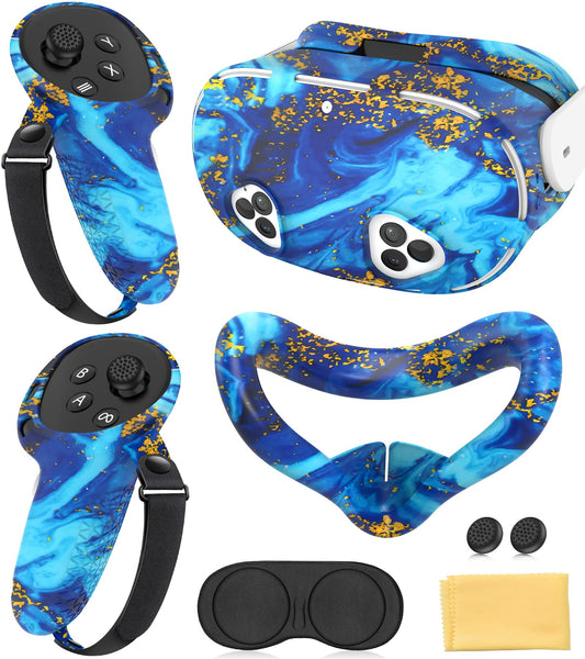 Silicone Cover Set Compatible with Meta Quest 3S Accessories  VR Protector Face Cover  Controller Grips  Front Shell Headset & Lens Protective for Oculus/Meta Quest 3s Accessories (Illusion Blue)