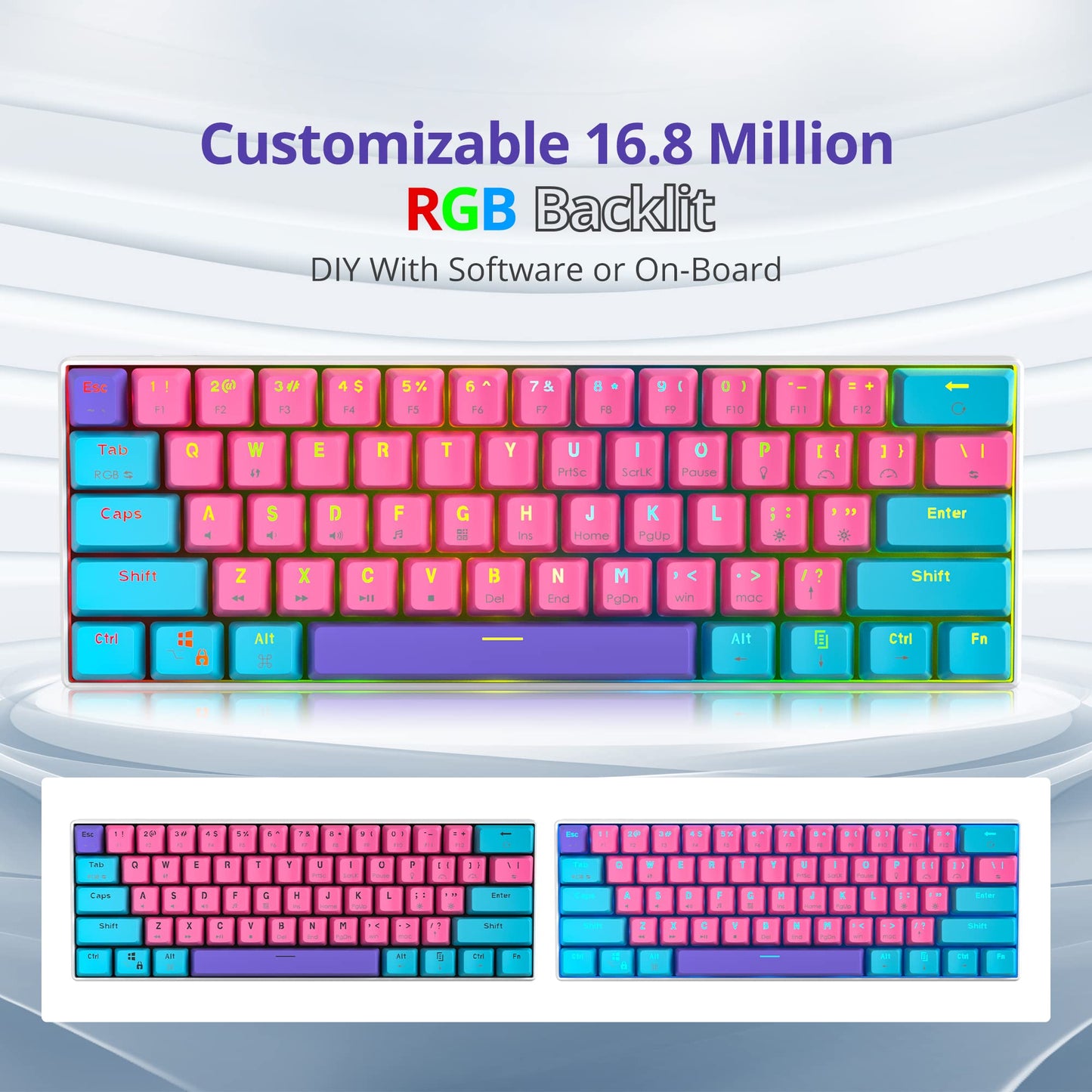 Fogruaden 60% Mechanical Keyboard, 61 Keys RGB Backlit, Pink, Wired for Win/Mac PC Gamer, Ultra-Compact, Red Switch