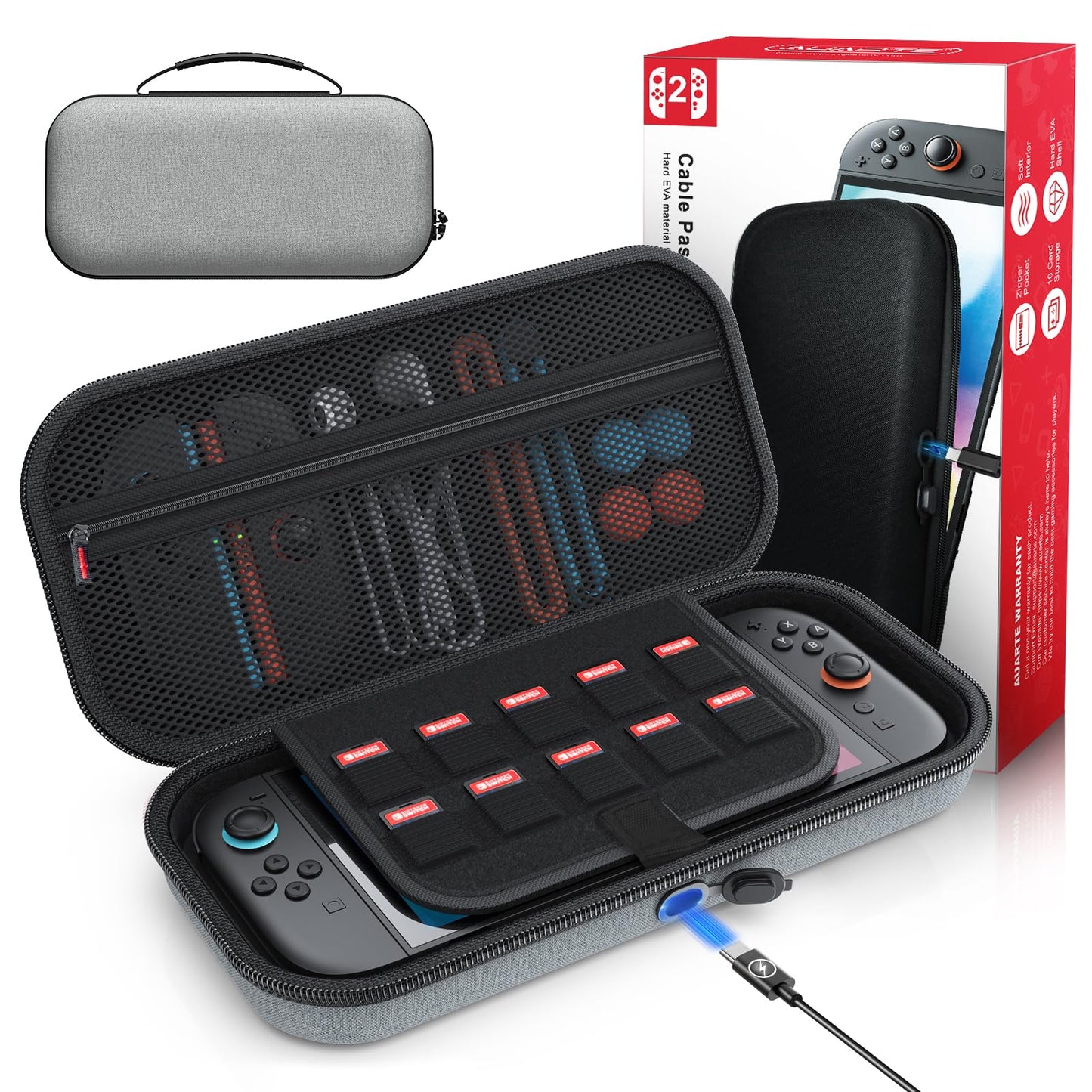 Auarte [Charge Inside] Switch 2 Carrying Case for Nintendo Switch 2 Console 2025 / Switch Original/Switch OLED  Slim Travel Carry Case for Nintendo Switch 2 Accessories with 10 Game Card Storage (Grey)