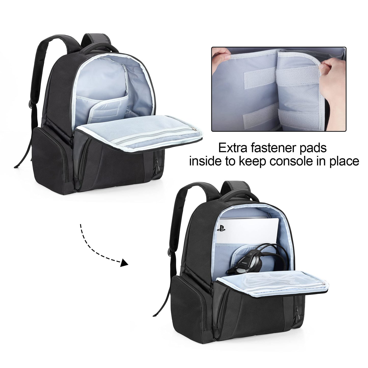 CURMIO Carrying Case for PS5/PS4/Xbox - Travel Backpack, Black Stripe, Model CACR07301