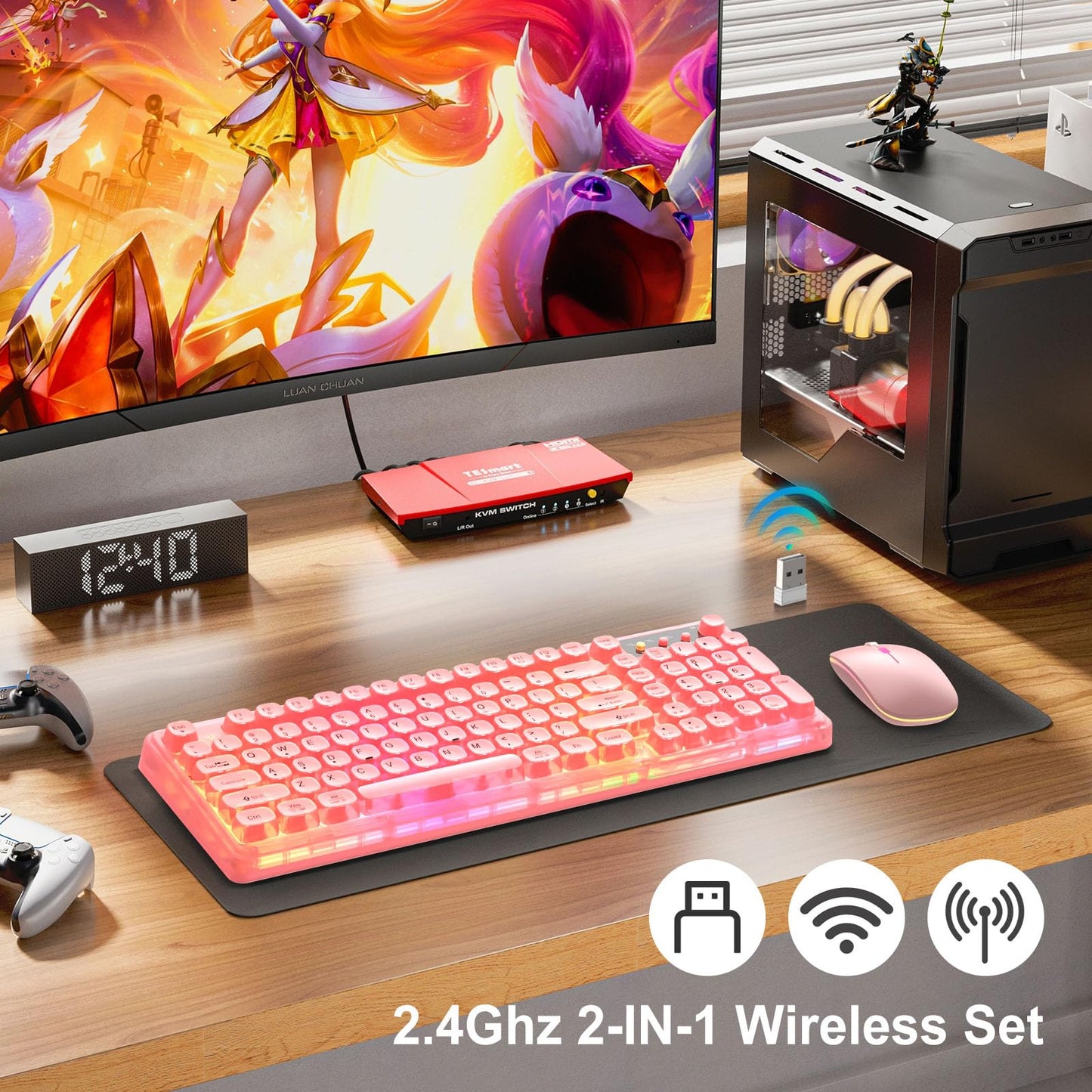 BAIHUAFRU Wireless Backlit Keyboard and Mouse Set, Full Size, Pink, 2.4GHz, Rechargeable, 15 Backlight Effects, RGB Mouse, Volume Knob