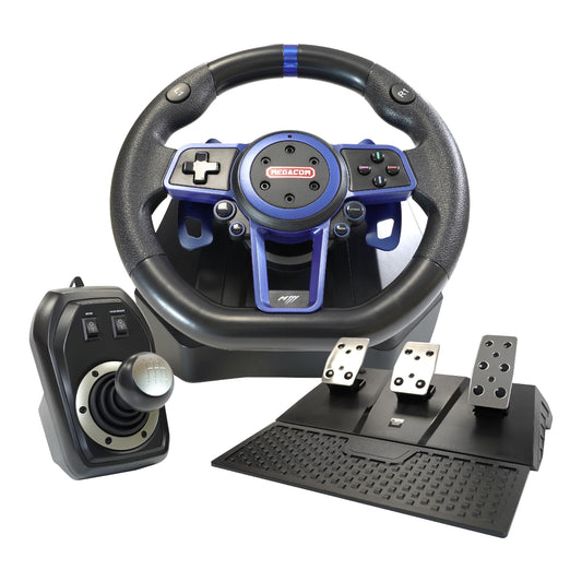 megacom MEGAMAX WHEEL M111 Racing Steering Wheel 270/900° - 10 with Paddle Shifter & 6-Speed Shifter, Multi-Platform for PC, P4