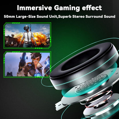 Jimonyer Gaming Headset - Stereo Surround Sound, Noise Canceling Mic, 3.5mm Jack, RGB Light, Large, Green, Model A83-Green