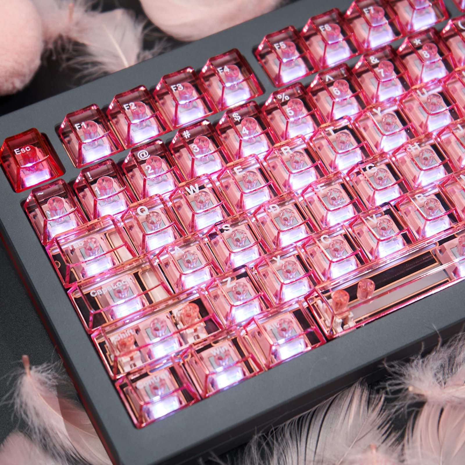 SUEHIODHY Pink Crystal Clear Keycaps Set  156 Keys Cherry Profile Transparent Keycaps  Shine Through Keyboard caps for 60% 65% 75% 100% Backlit Mx Switches Mechanical Gaming Keyboard