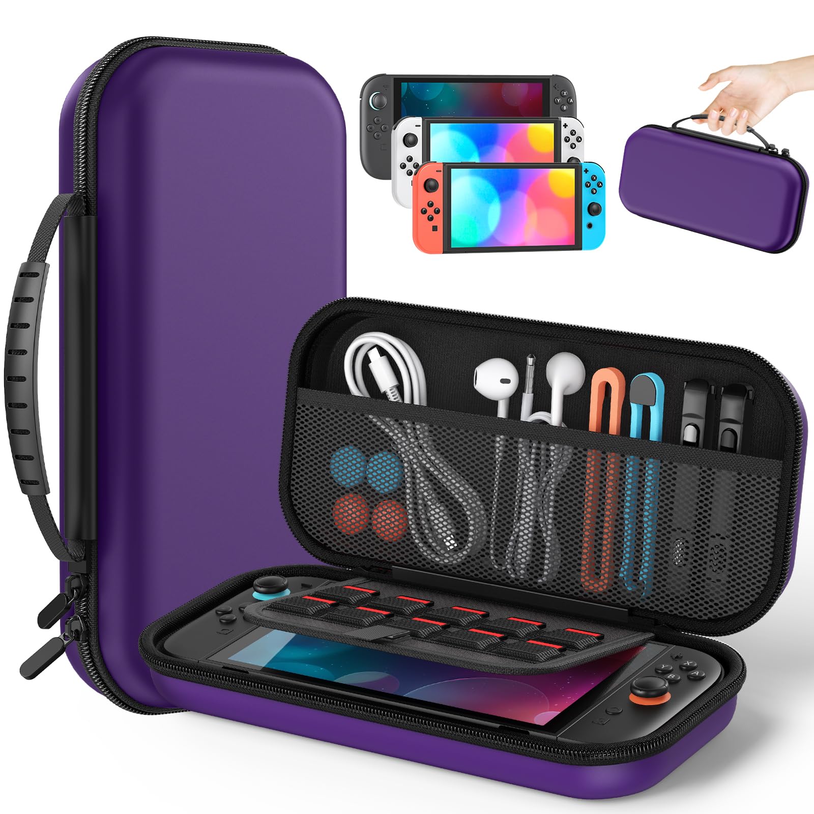 Switch 2 Carry Case Compatible with Nintendo Switch 2/1/OLED  Portable Hard Shell with Soft Lining  10 Card Slots  Viewing Stand  soft silicone Handle for Switch 2 (Purple  For Nintendo Swith 2)