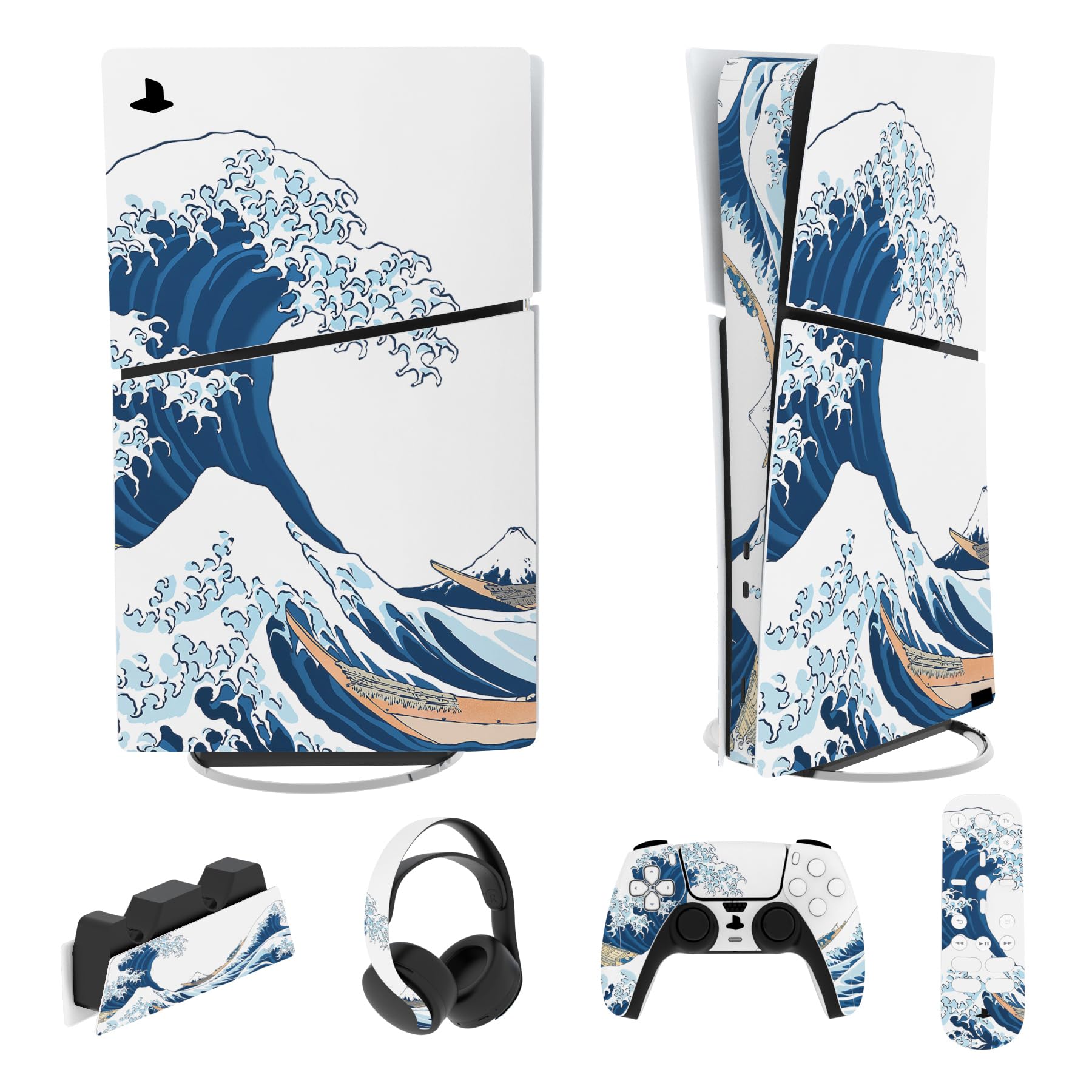 PlayVital Full Set Skin Sticker for ps5 Slim Console Digital (The New Smaller Design)  Vinyl Decal Cover for ps5 Controller & Headset & Charging Station & Media Remote - The Great Wave off Kanagawa